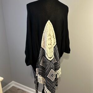 Umgee Boho Tassle Long Shaw Wrap Quarter Sleeve Aztec Print Open Black Cardigan